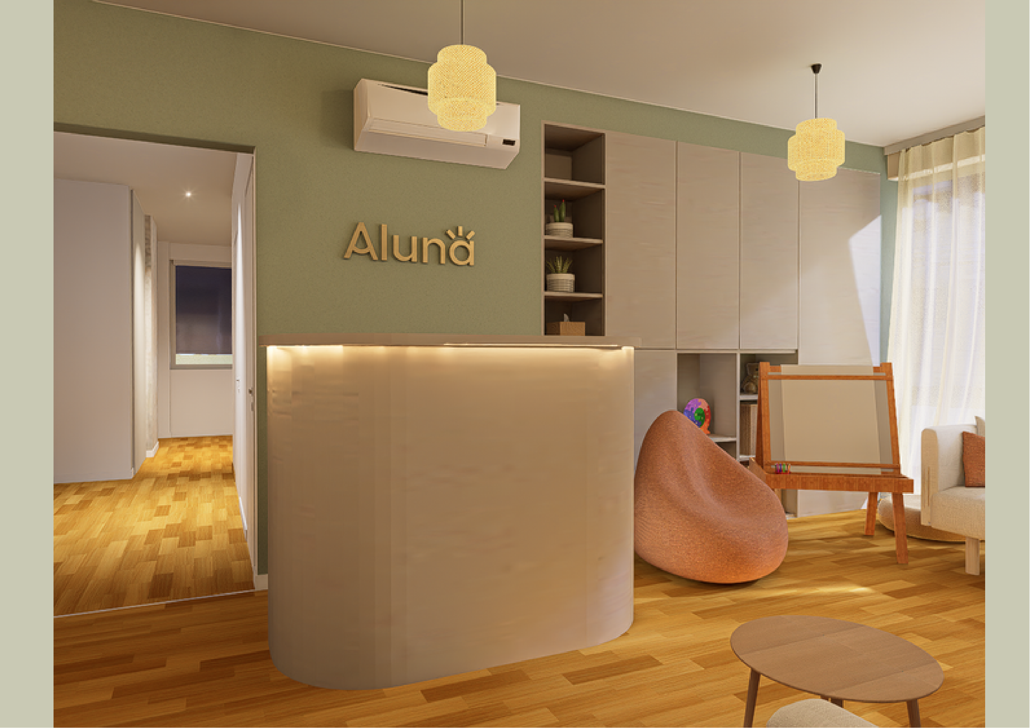 Recepcija centra Aluna s logom na zidu i toplim prirodnim svjetlom